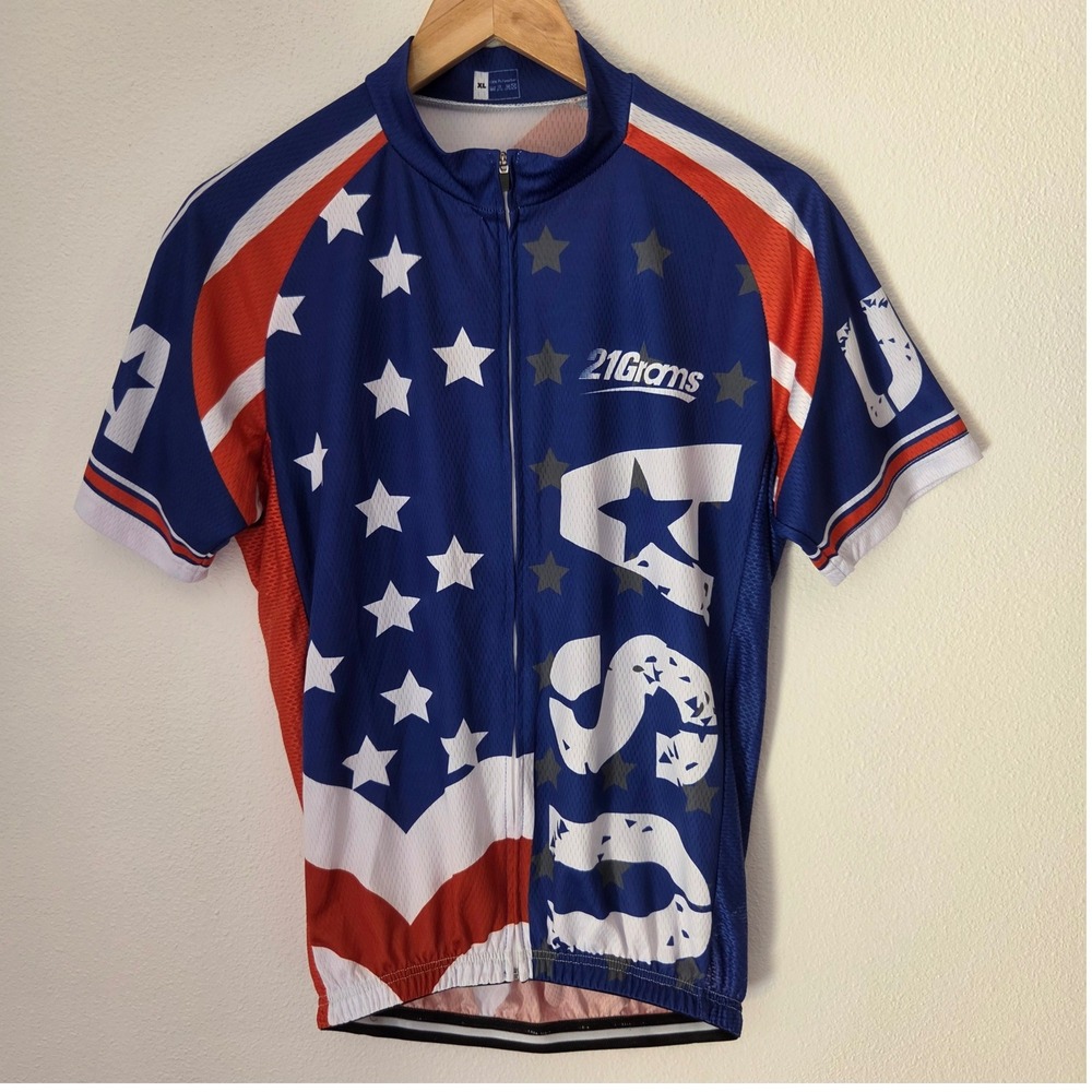 21Grams Womens XL Cycling Jersey USA Flag Stars Stripes Full Zip Short Sleeve